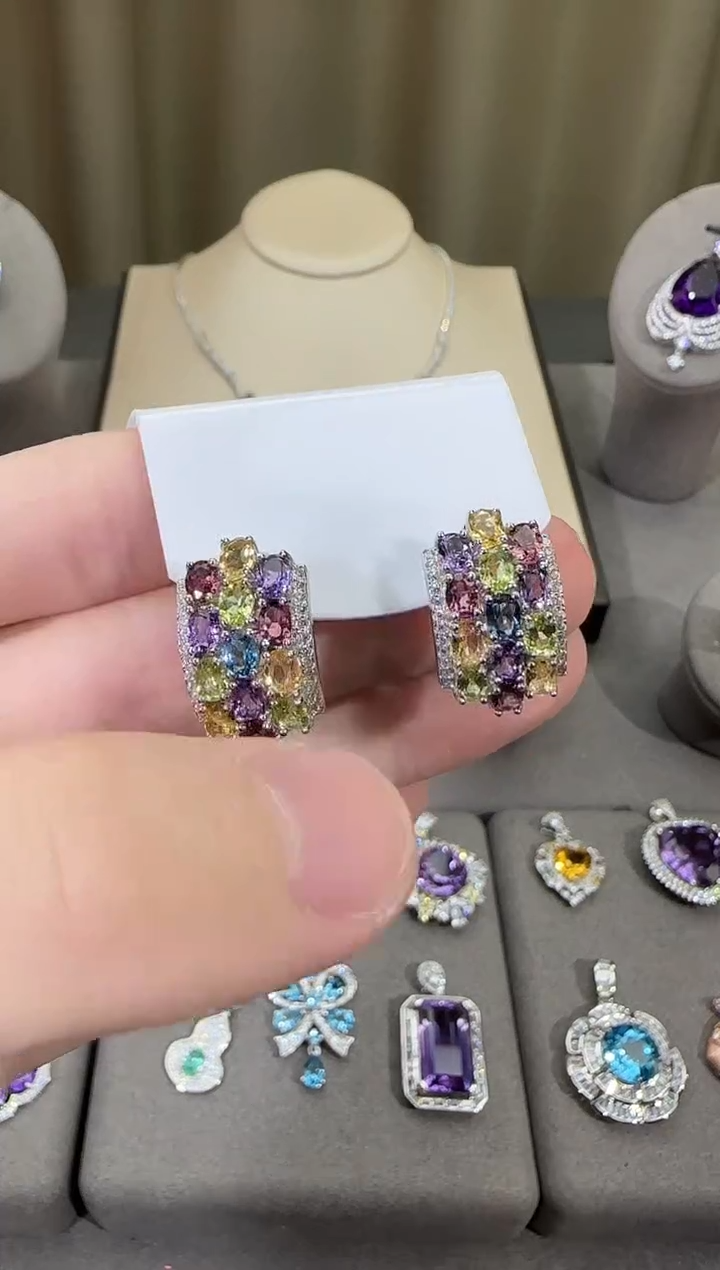 银S925镶嵌耳饰水晶12mm多彩宝耳扣