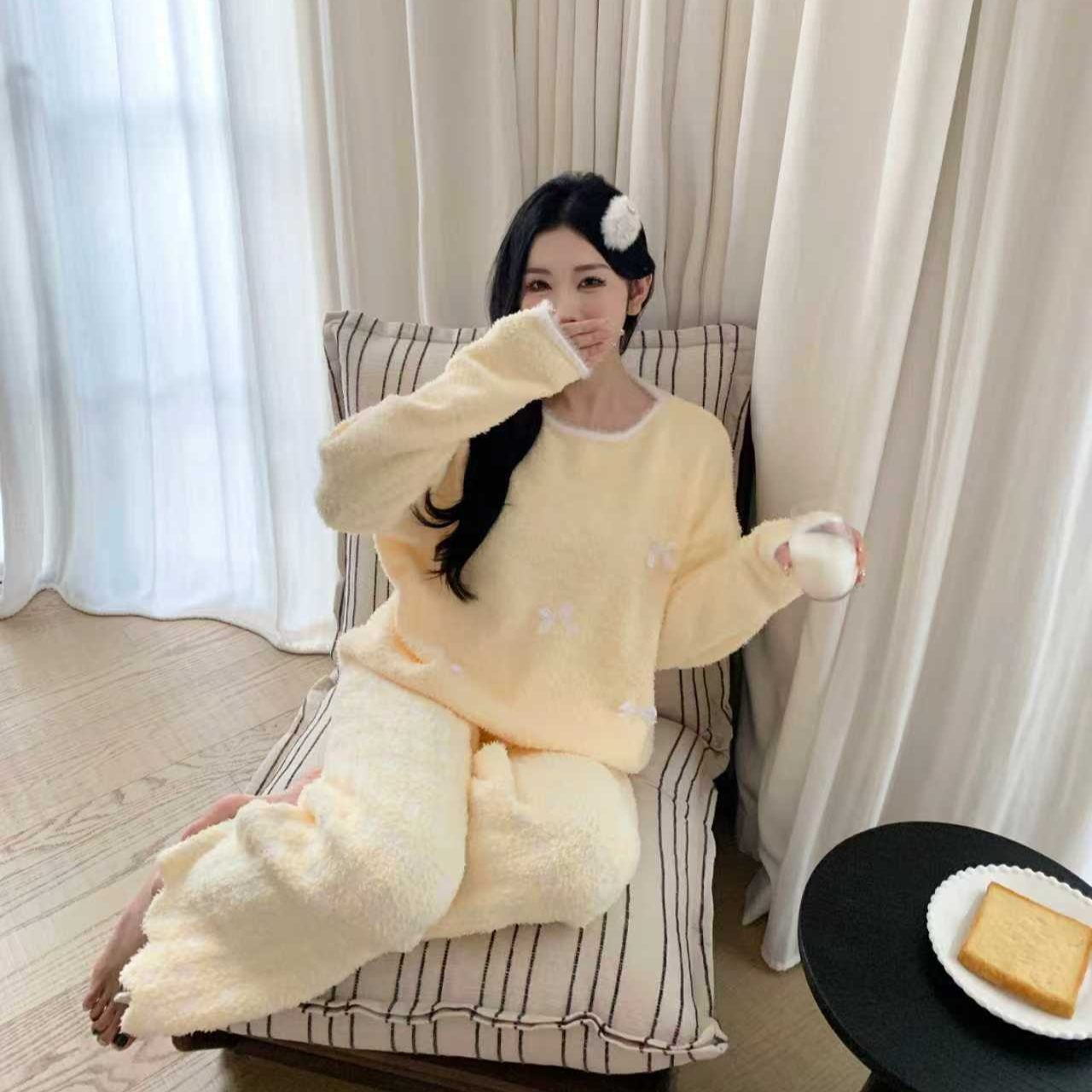SIEOYJIEA/私迹大榕家viki【毛绒蝴蝶结】女款气质长袖家居服套装
