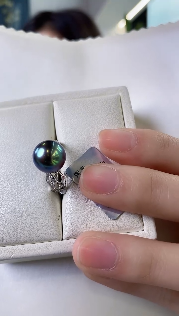 【闪购商品】海水珍珠戒指18K金镶嵌10-11大溪地黑珍珠戒指