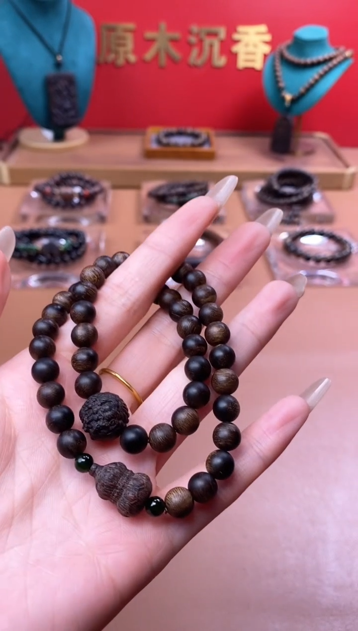 【闪购商品】沉香手串Y沉水富森瘤疤08+葫芦貔貅顶珠沉香木雕