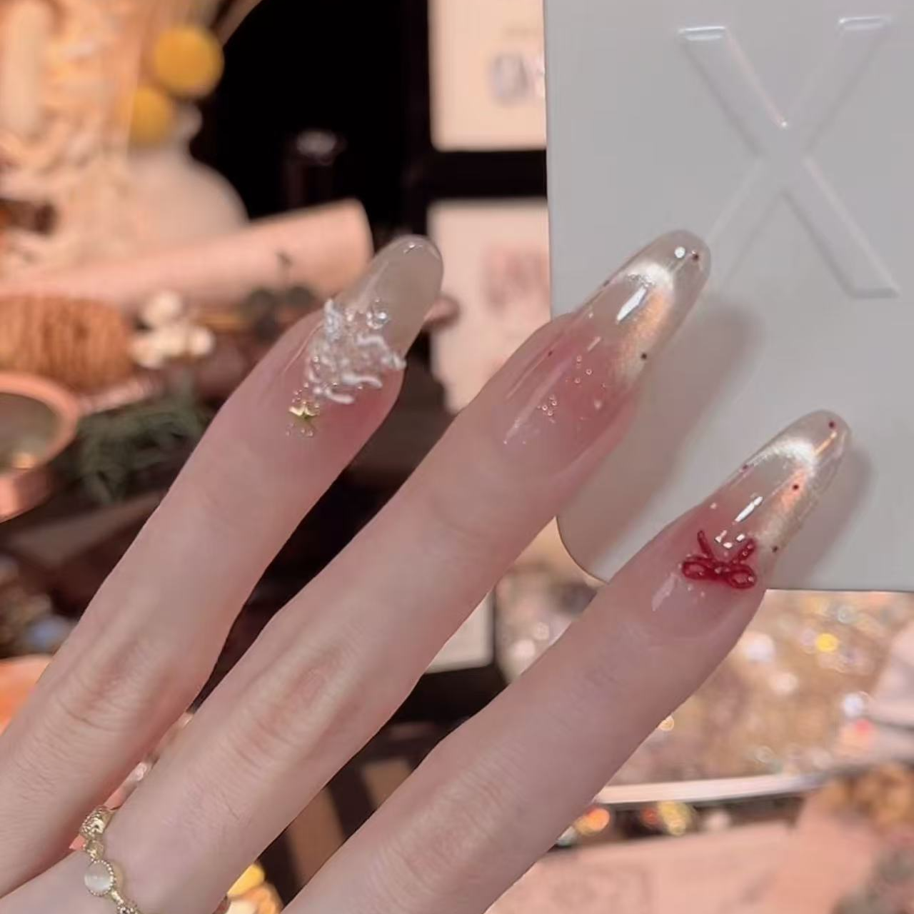 圣诞日-Hand-painted clear bow 纯手工穿戴甲 10片装MM