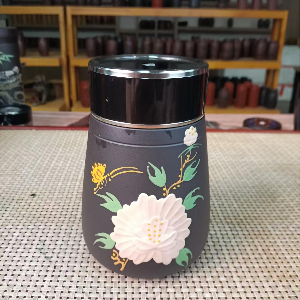 宜兴紫砂 紫砂便携杯 变色牡丹花紫砂养生杯