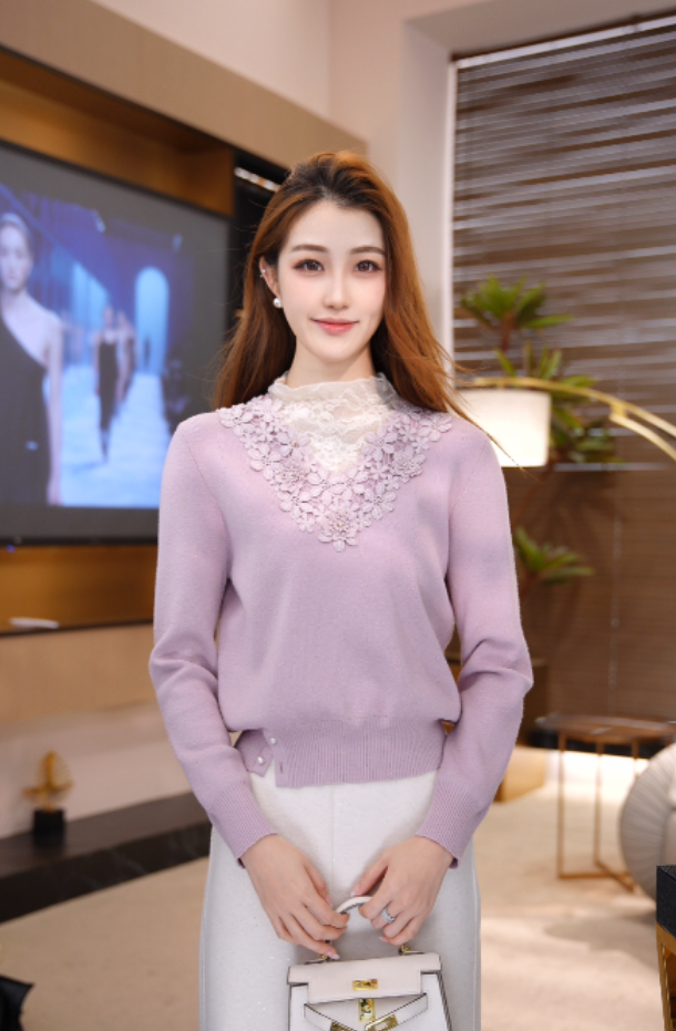 【婷婷】暖玫漫序秋冬新款百搭气质遮肉显瘦粉色针织衫2512892