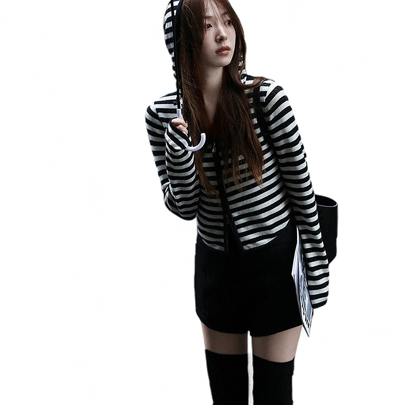 长袖针织衫显瘦时尚百搭条纹慵懒风休闲秋冬黑色圆领韩版宽松套头