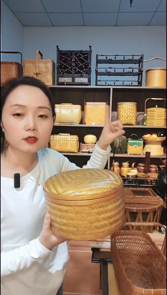 古色古香纯手工竹编收纳盒直径23公分