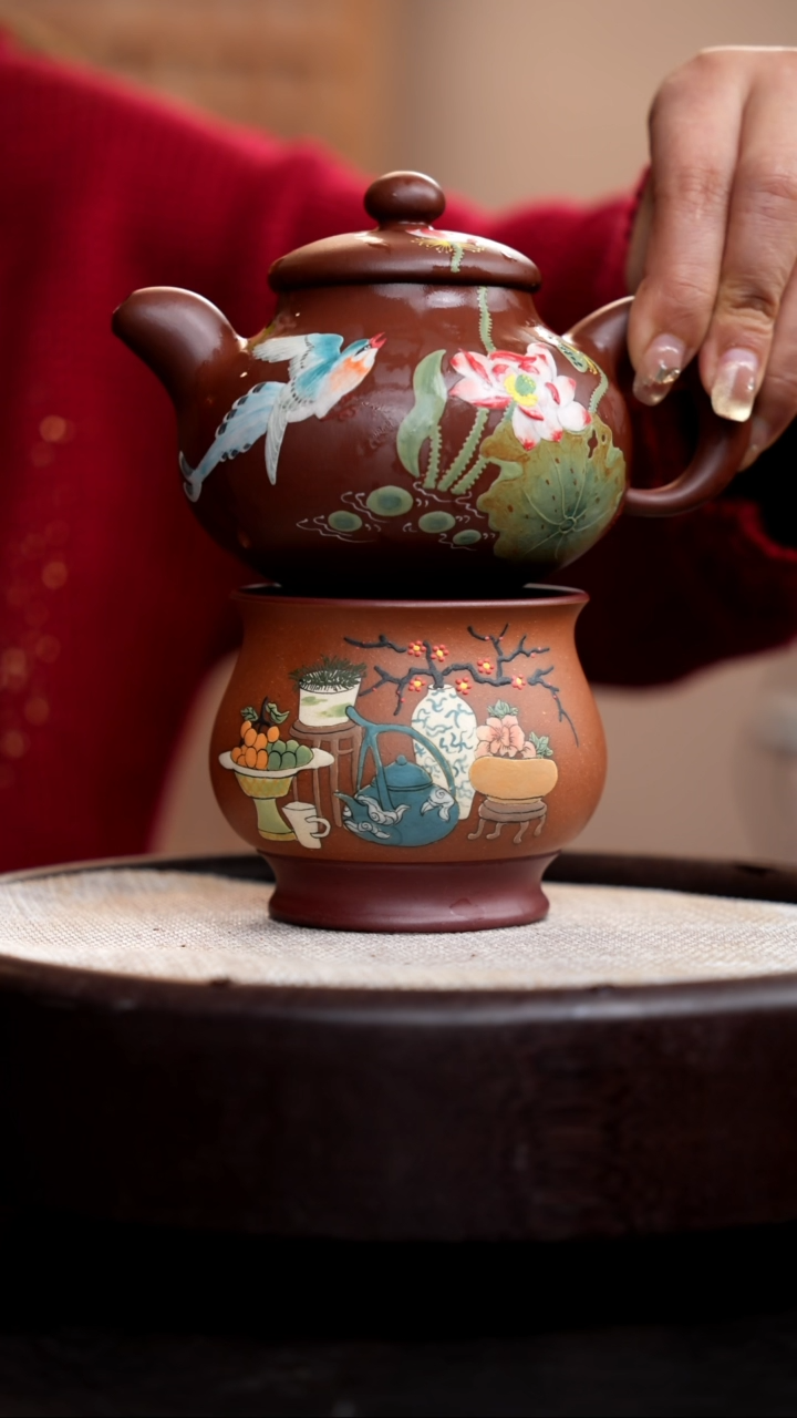 【闪购商品】紫砂茶壶底槽清道洪福珠泥绘荷鸟+杯