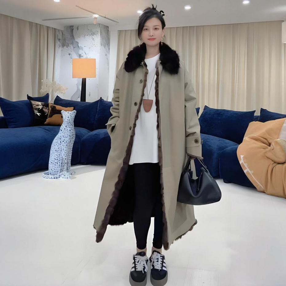 貂皮两面穿加长款 风衣款秋冬宽松大码显瘦皮草女外套25028