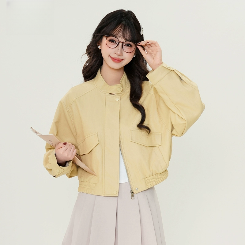 复古气质立领皮衣外套女2025春季新款设计感小众宽松夹克上衣