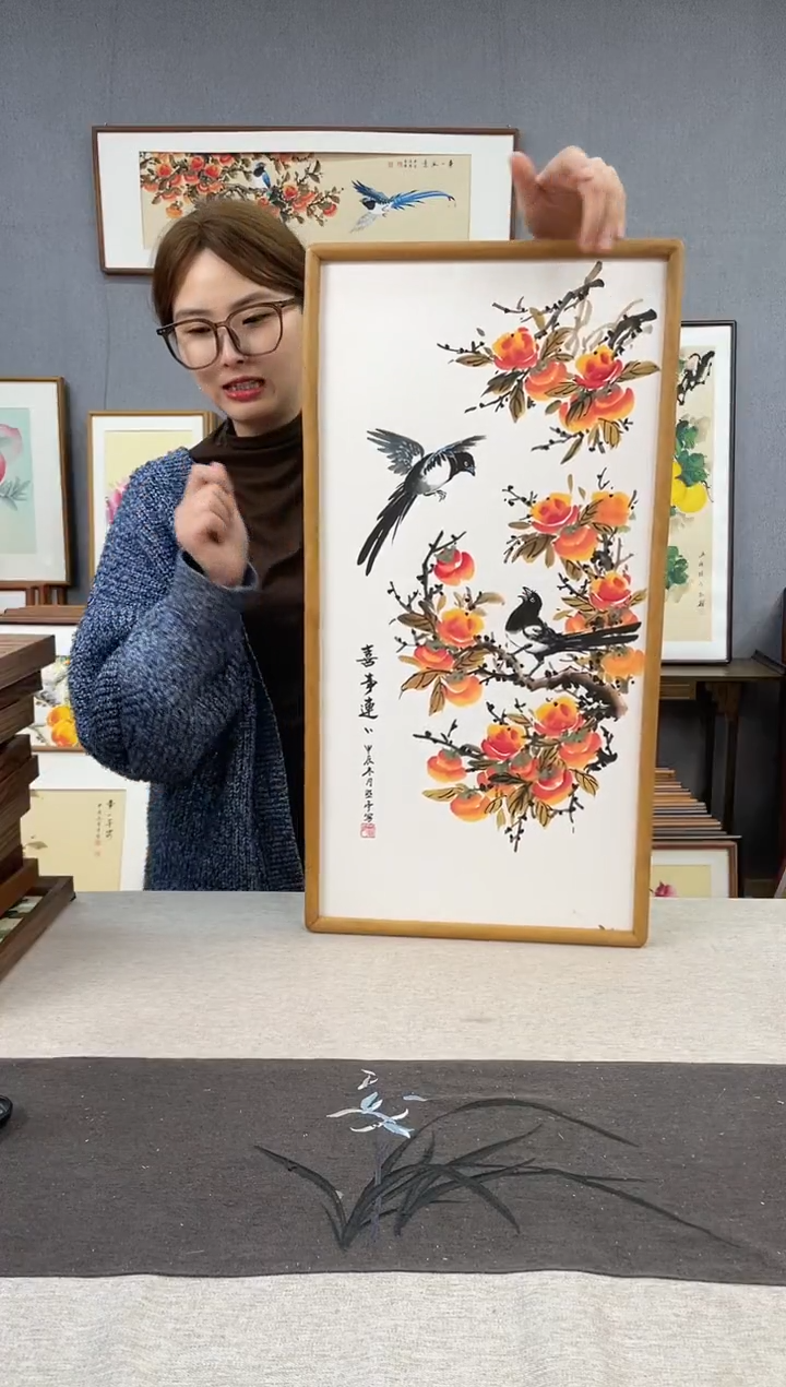 【闪购商品】国画贺照亭-纯手绘带框作品-35*68-柿子