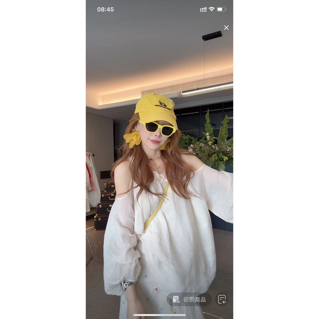 夏季独特漂亮精致套装白色花边露肩防晒长袖衬衫波点半身裙两件套