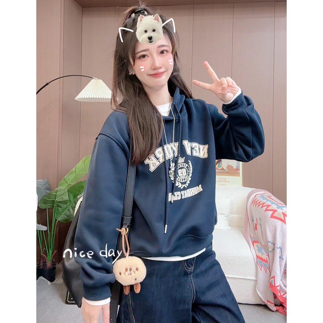 连帽字母女宽松型不起球厚款卫衣印花时尚秋冬秋季