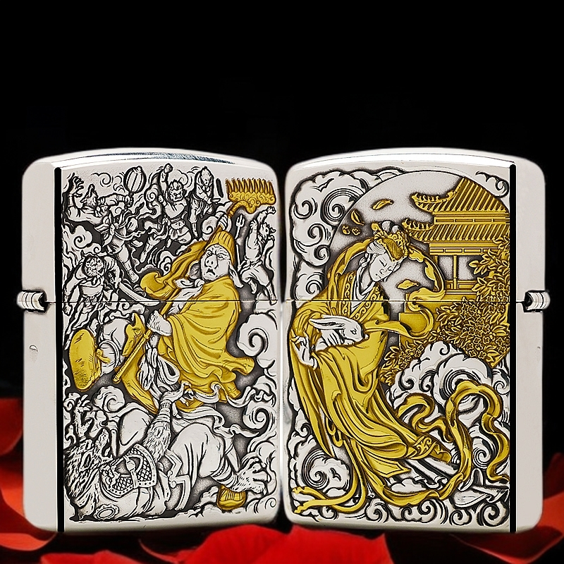 ZIPPO/之宝打火机镀银鎏金【八戒戏嫦娥】盔甲机原装正品煤油机DYJ1