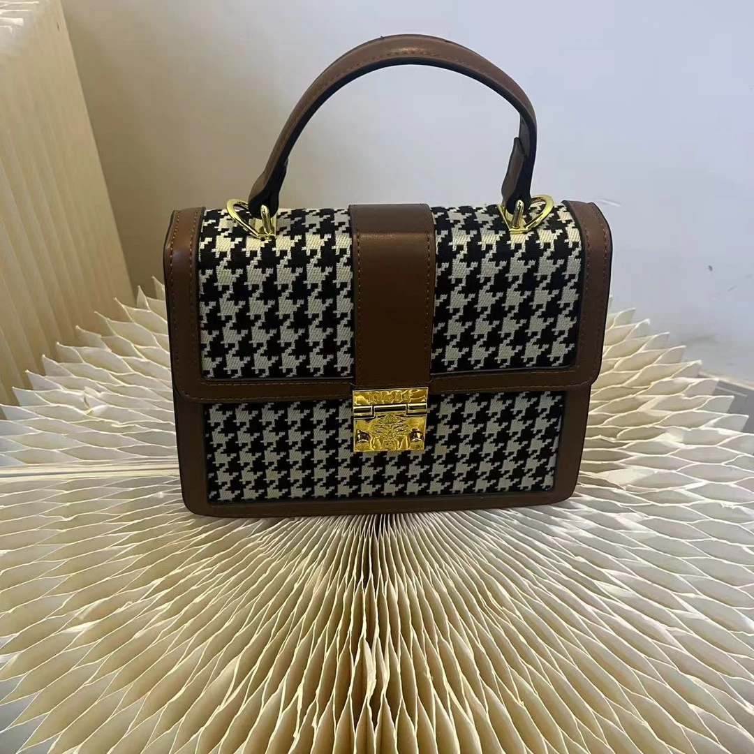 拎包单根皮带格子通勤风手提包复古肩包小众千鸟格  PL