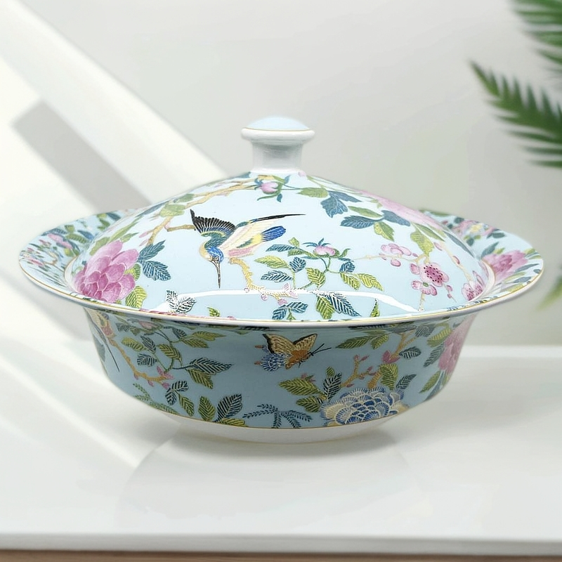 【奇居巍】百鸟和鸣刺绣骨瓷吉源汤锅带盖汤碗 浅蓝#F9508Y01-1