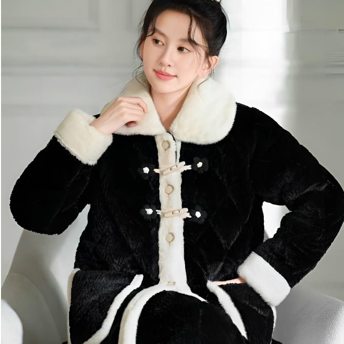 冬季三层加棉加厚可百搭外穿款女士翻领保暖家居服