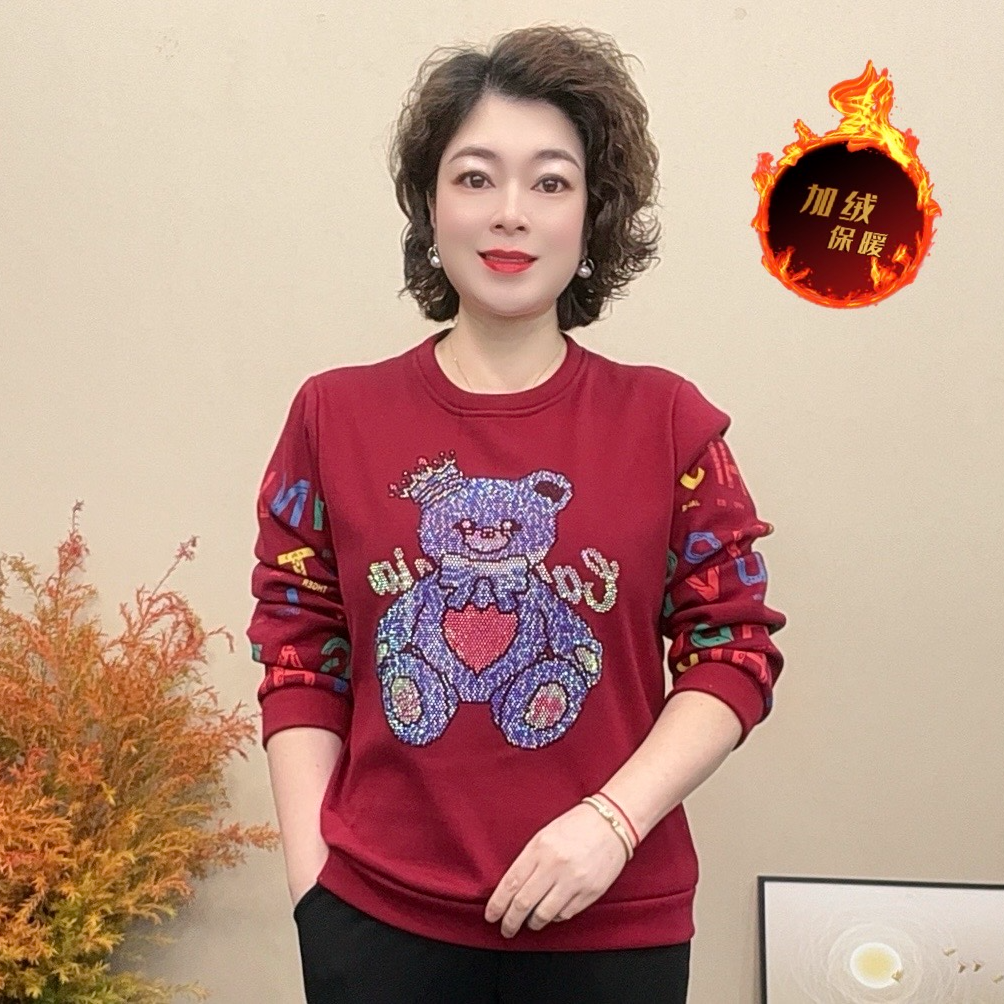 妈妈装冬季加绒保暖圆领卡通烫钻卫衣打底上衣休闲宽松中老年女装