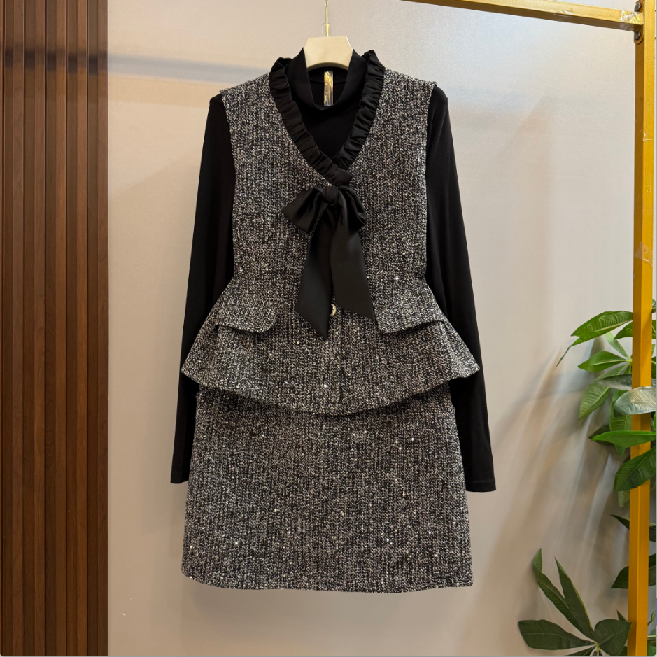 新款大码女装时尚气质轻熟领带结设计小香风马甲十短裙三件套套装