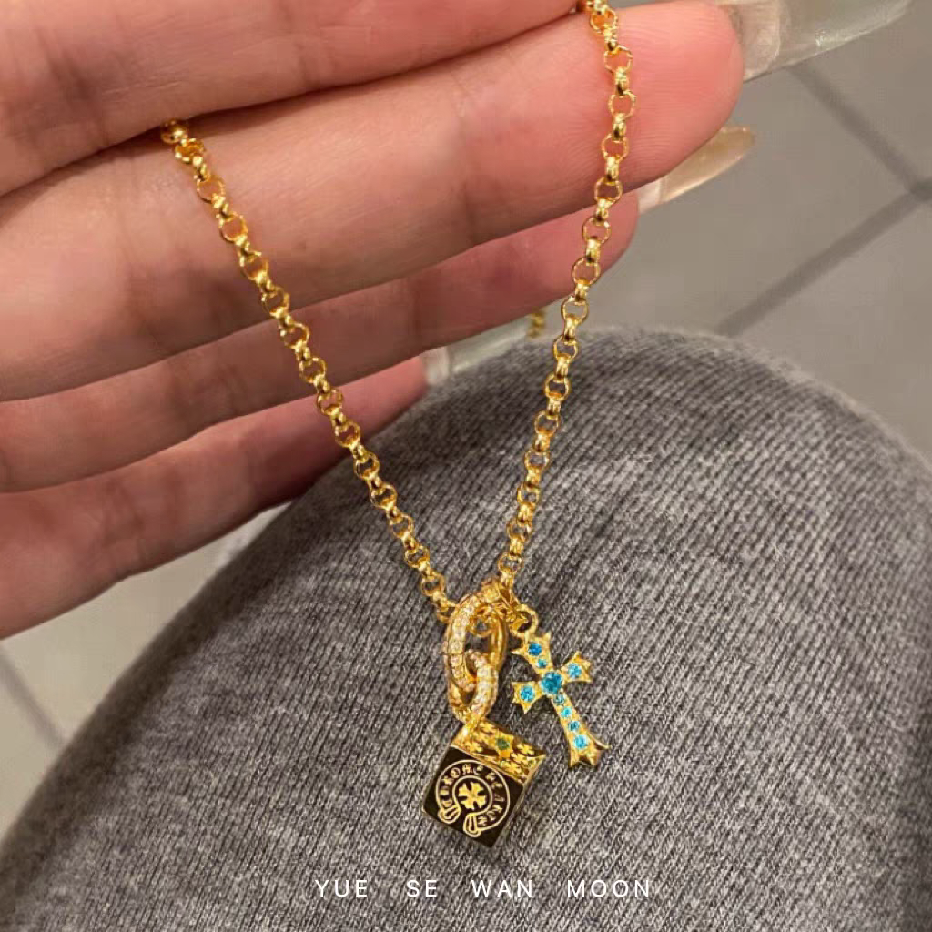 铜合金项链 梅姐饰品7 新款金色方块筛子十字架吊坠项链颈链