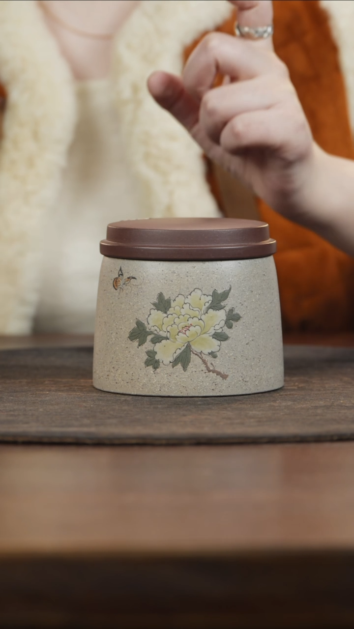 【闪购商品】紫砂茶叶罐小罐定窑白泥绘牡丹