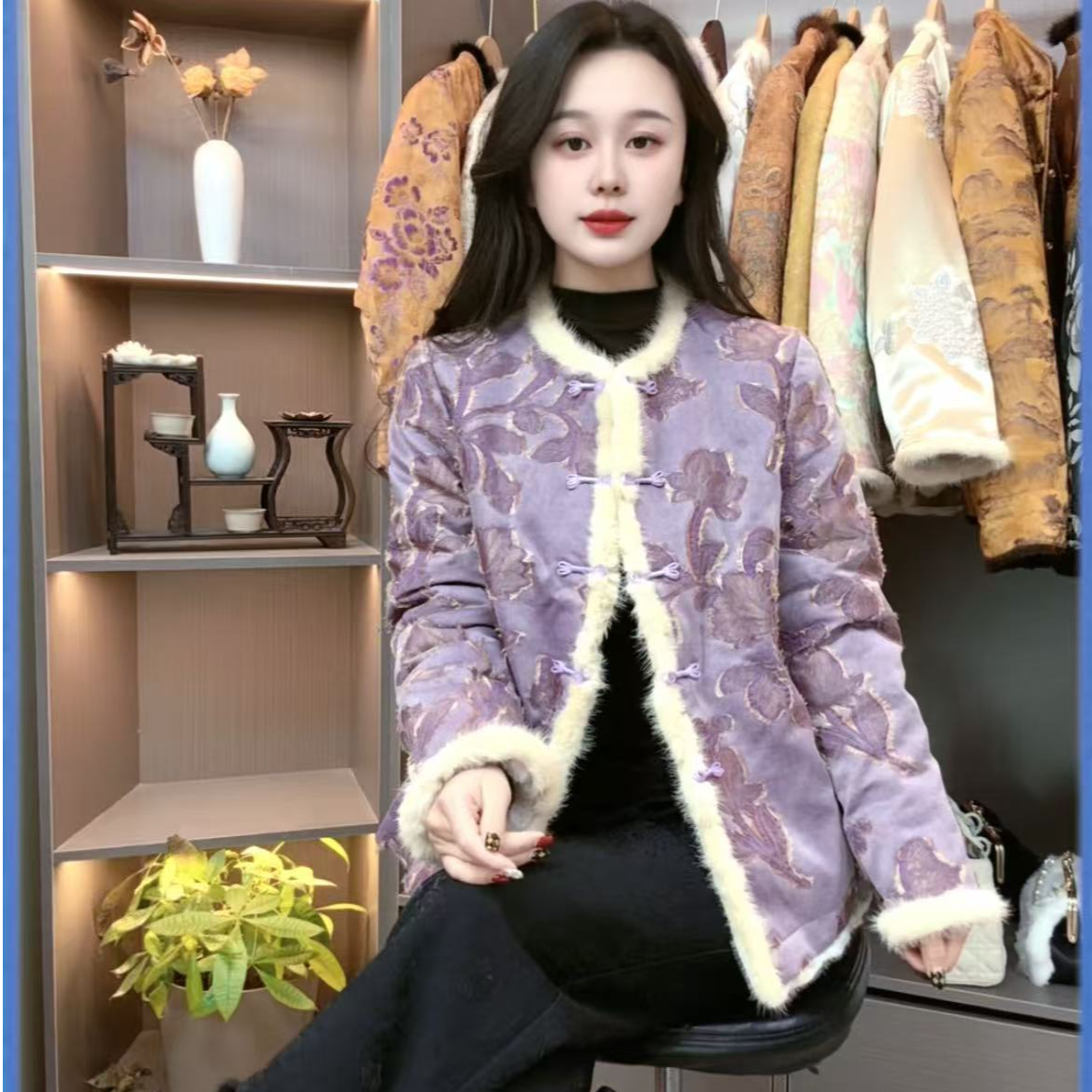 双面穿新中式冬季皮毛一体圆领上衣水貂毛新中式唐装提花外套S055
