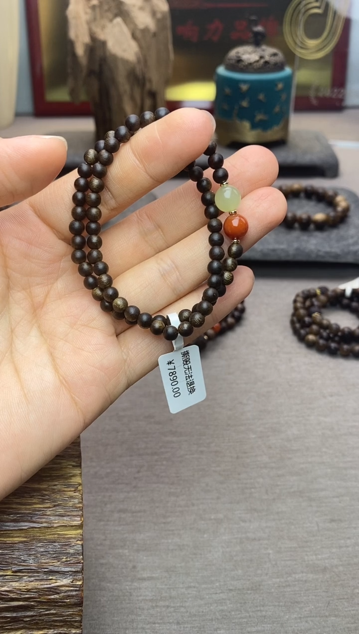 手串沉香木越南芽庄白棋0.4+配饰 沉水双圈款