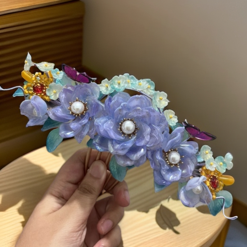 古风发冠紫色牡丹琉璃发簪发夹仙气汉服发饰古装发冠步摇流苏新中