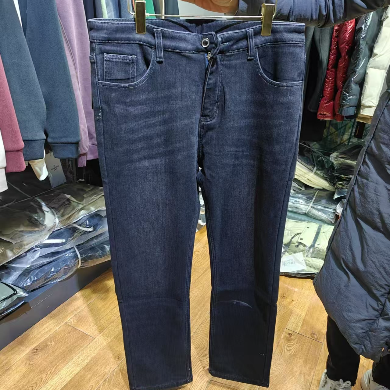 男秋冬拉链水洗牛仔裤棉裤男装加绒时尚深蓝色休闲裤直筒男裤