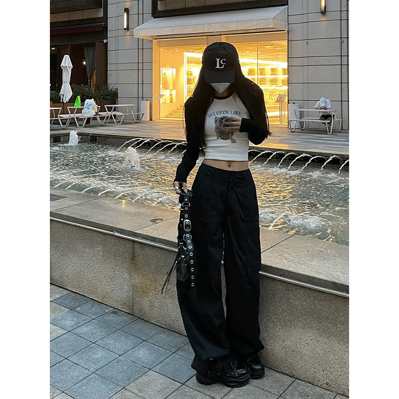 撞色圆领打底衫女春秋季侧边褶皱收腰修身T恤方领内搭短款上衣