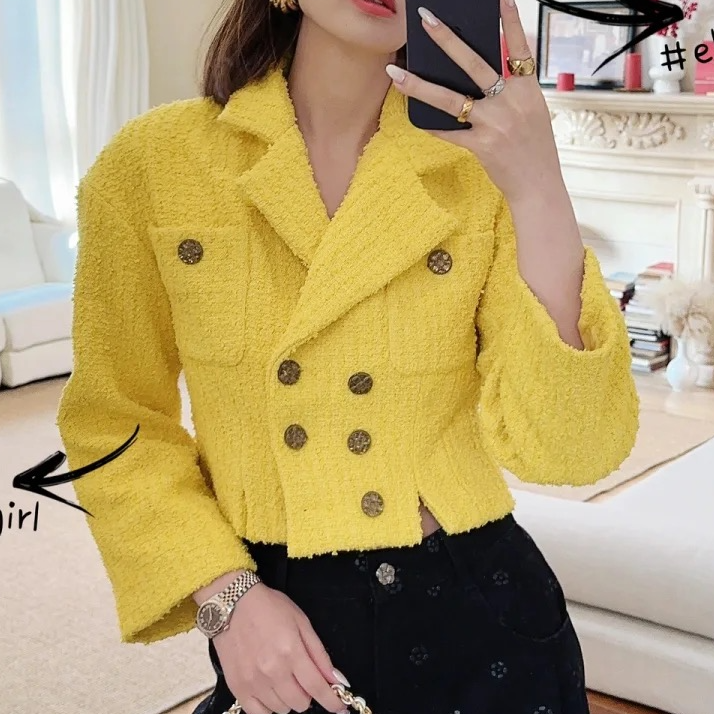 99新 Chanel/香奈儿 36码22S黄色编织翻领双排扣短外套