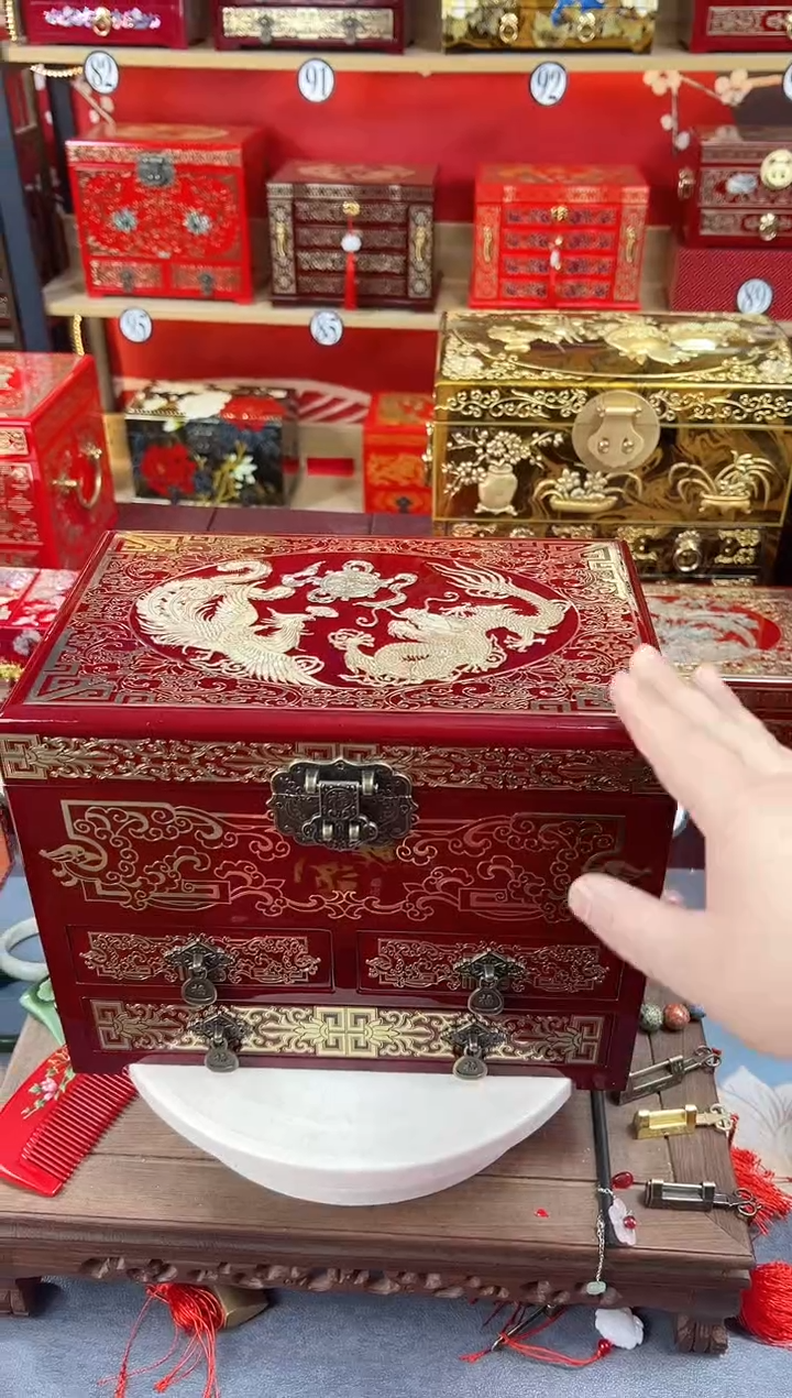 【闪购商品】28厘米新款四层三抽掐丝螺钿酒红龙凤呈祥