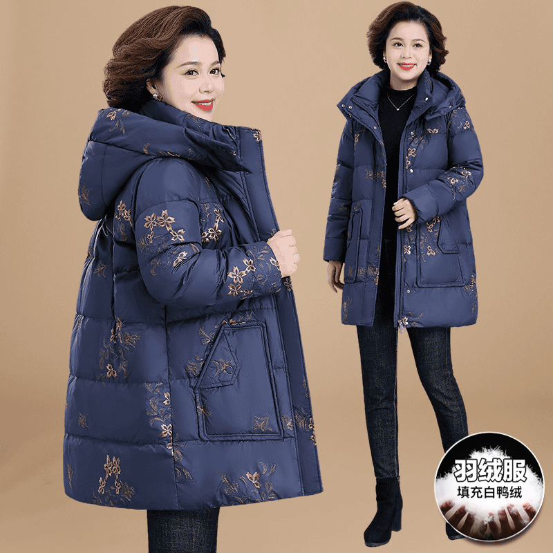 罗蒙胖妈妈冬装羽绒服加肥加大码外套中老年人秋冬季新款绣花棉袄