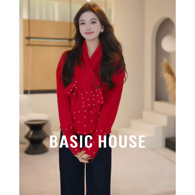 Basic House/百家好毛衣圆领开衫秋冬针织百搭钉珠B1195B54H52