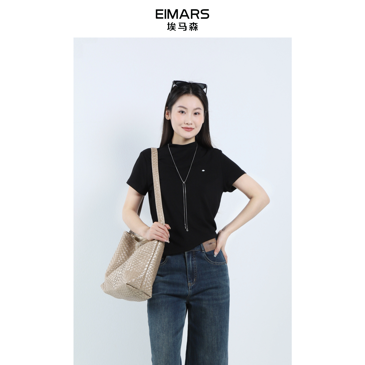 EIMARS埃马森秋季黑色半高领修身显瘦打底衫21233006