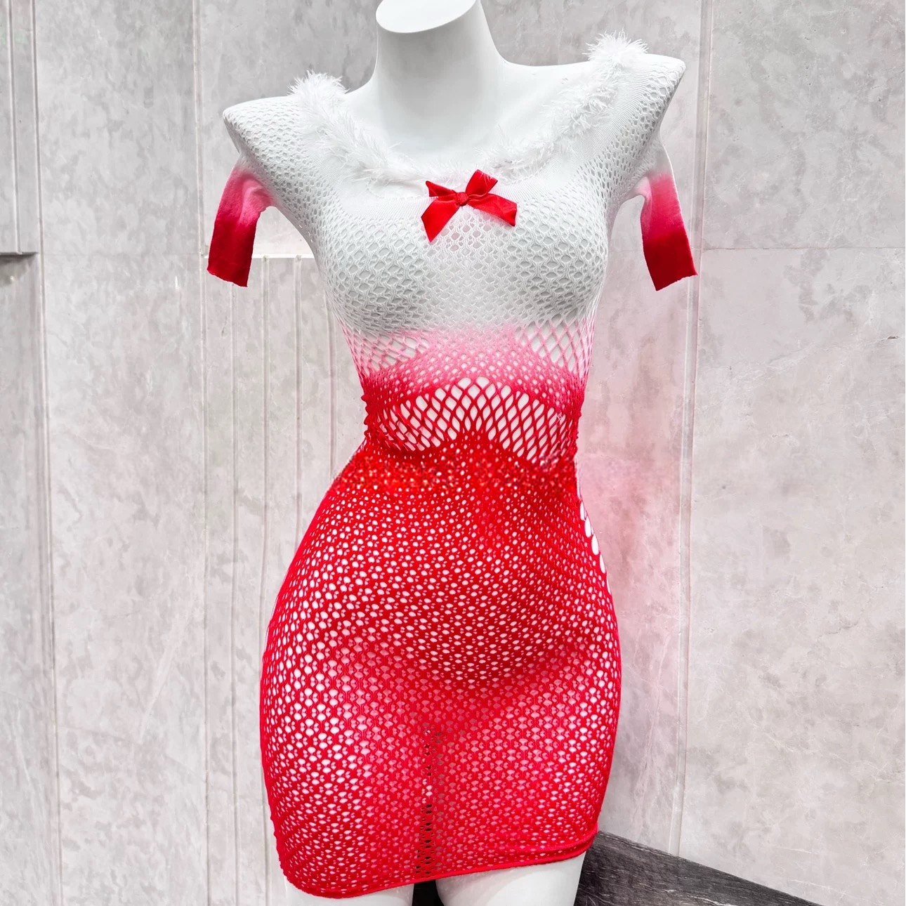 脸红小狗~圣诞系列*大弹力渐变红蝴蝶结连衣裙