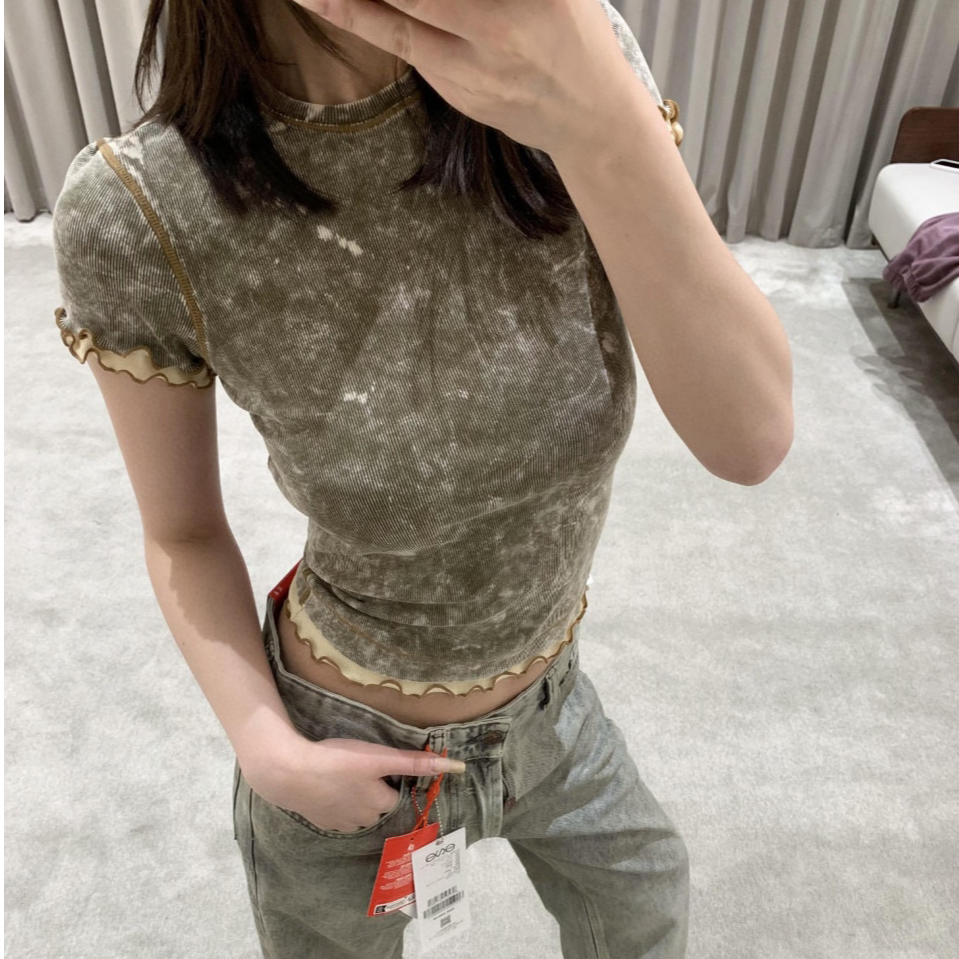 高定~25SS新款小众甜辣风做旧褪色荷叶边花边修身短袖T恤女