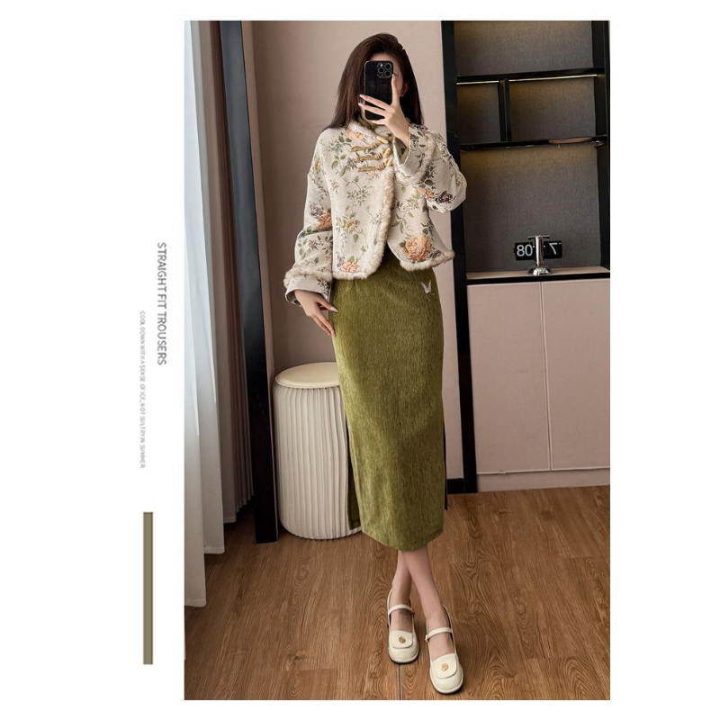 2025年复古绣花改良旗袍连衣裙新中式国风时尚提花加绒外套女套装