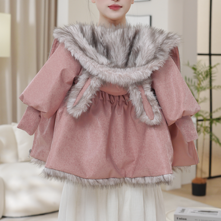 2025女童冬季洋气粉色皮衣外套设计感加绒保暖加厚连帽外套D17766
