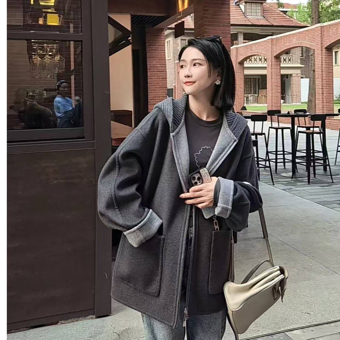 Aixiaomei/爱小美【老婆双面穿大衣】连帽拉链毛呢外套WT-1194