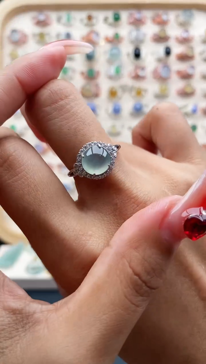 【闪购商品】翡翠戒指银S925镶嵌缅甸天然A货翡翠333 4+5