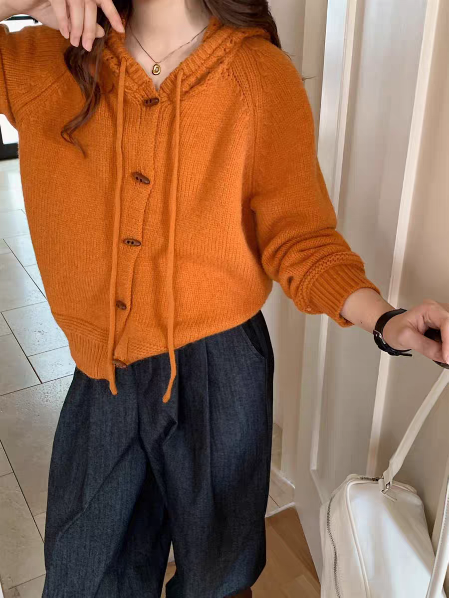 【原版加厚】镂空连帽针织衫牛角扣毛衣女外套秋冬宽松休闲慵懒风