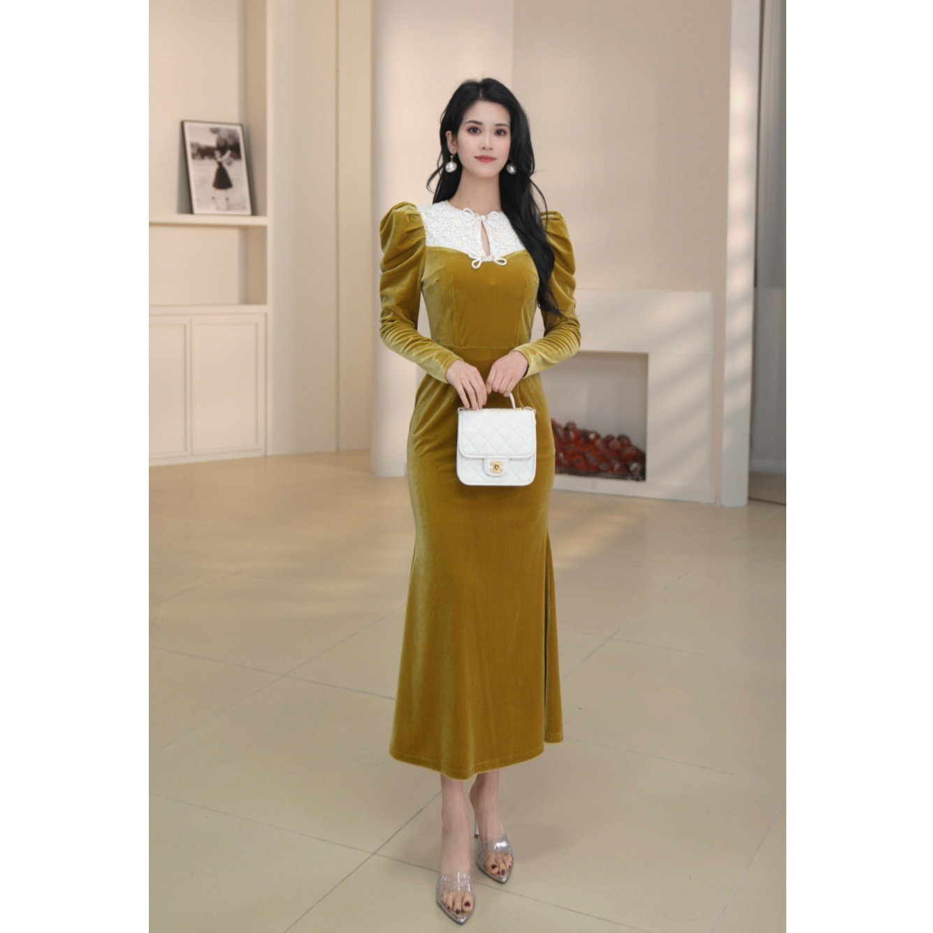 NaiAn/奈安 拼接复古名媛气质收腰刺绣时尚秋冬显瘦连衣裙21984