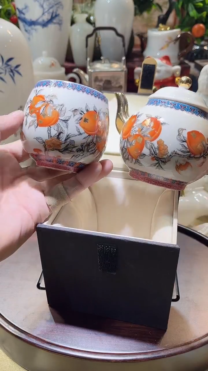 瓷片德艺茶器直播间@@水墨金桃1壶1杯