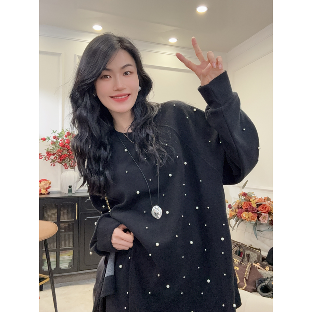 【星光夜阑】秋冬季时尚显瘦气质设计款重工珍珠上衣＋裙子