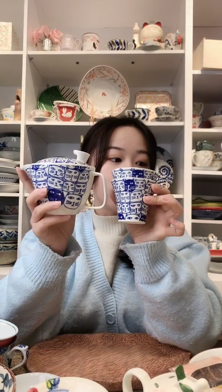 陶瓷【一壶两杯】有田烧手绘猫咪茶壶茶杯套装