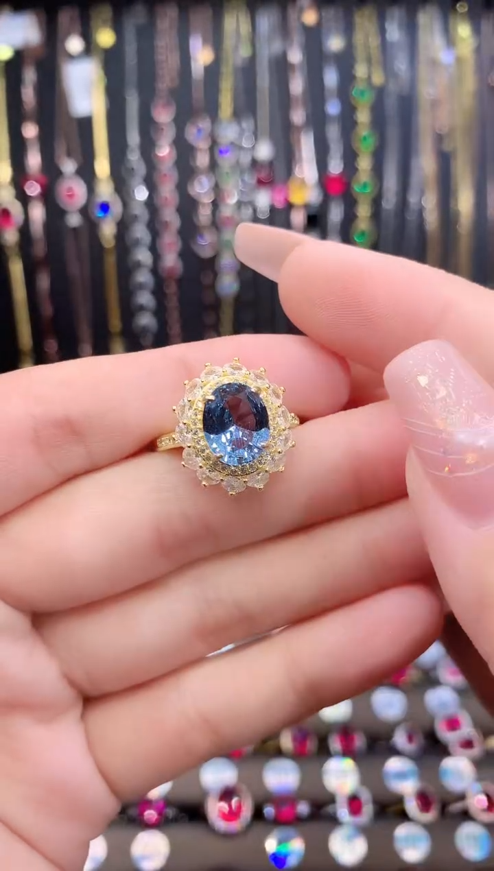 海蓝宝石戒指银S925镶嵌金色810