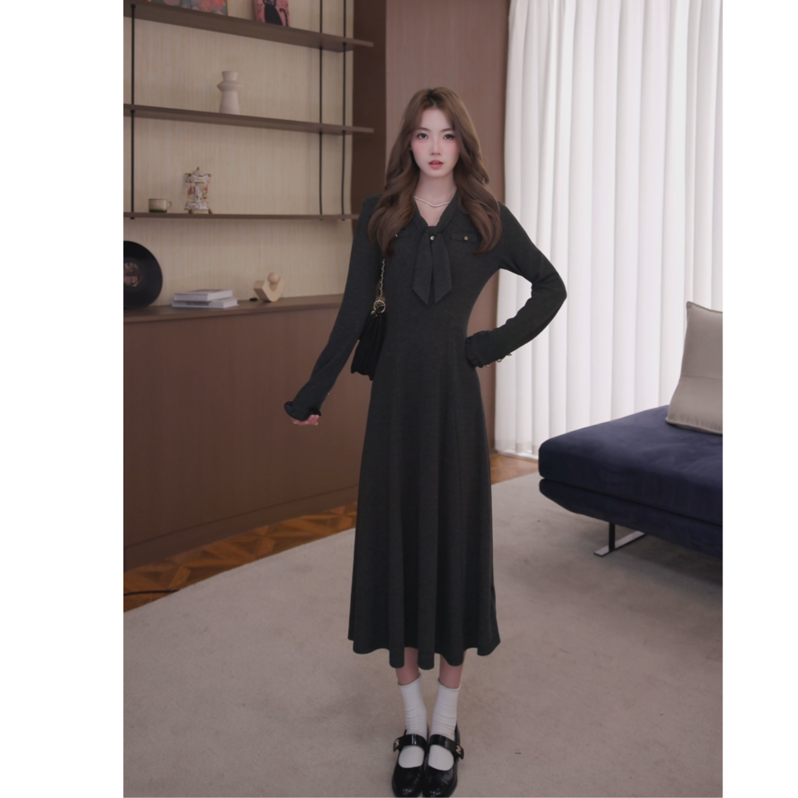 鹿向南「典雅灰韵」法式气质高级感冬季新款收腰连衣裙显瘦百搭