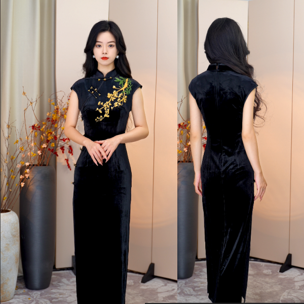 金竹梅刺绣 早秋丝绒弹性复古气质修身黑色旗袍
