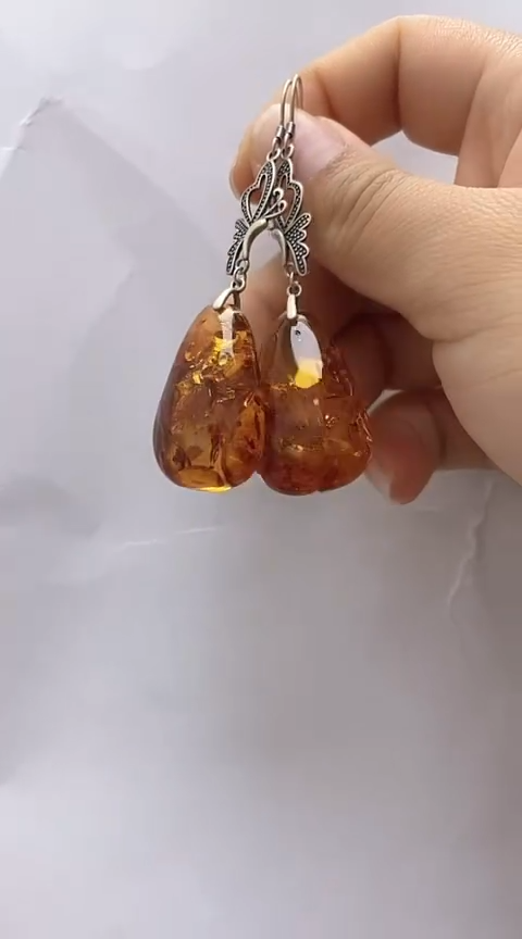 【闪购商品】琥珀裸石银S925镶嵌花珀耳坠