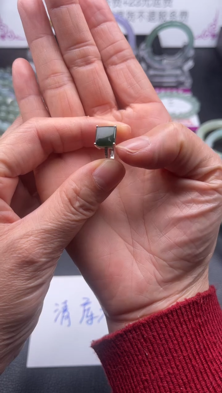 【闪购商品】翡翠戒指银S925镶嵌墨翠方戒