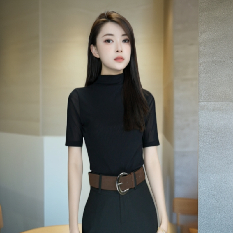黑色半高领短袖t恤薄款新款夏季网纱打底衫女修身性感高级感上衣